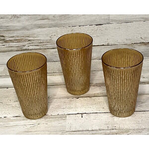 3 Vintage 10 Oz Jeanette Finlandia Tree Bark Amber Yellow Glasses Tumblers